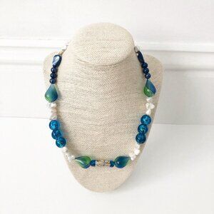 NWT Genuine Pearls, Mother of Pearls, Murano Glass Beaded Necklace Blue